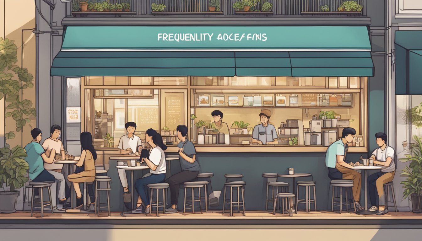 A bustling cafe in Singapore with a long line of customers, outdoor seating, and a prominent sign reading "Frequently Asked Questions."