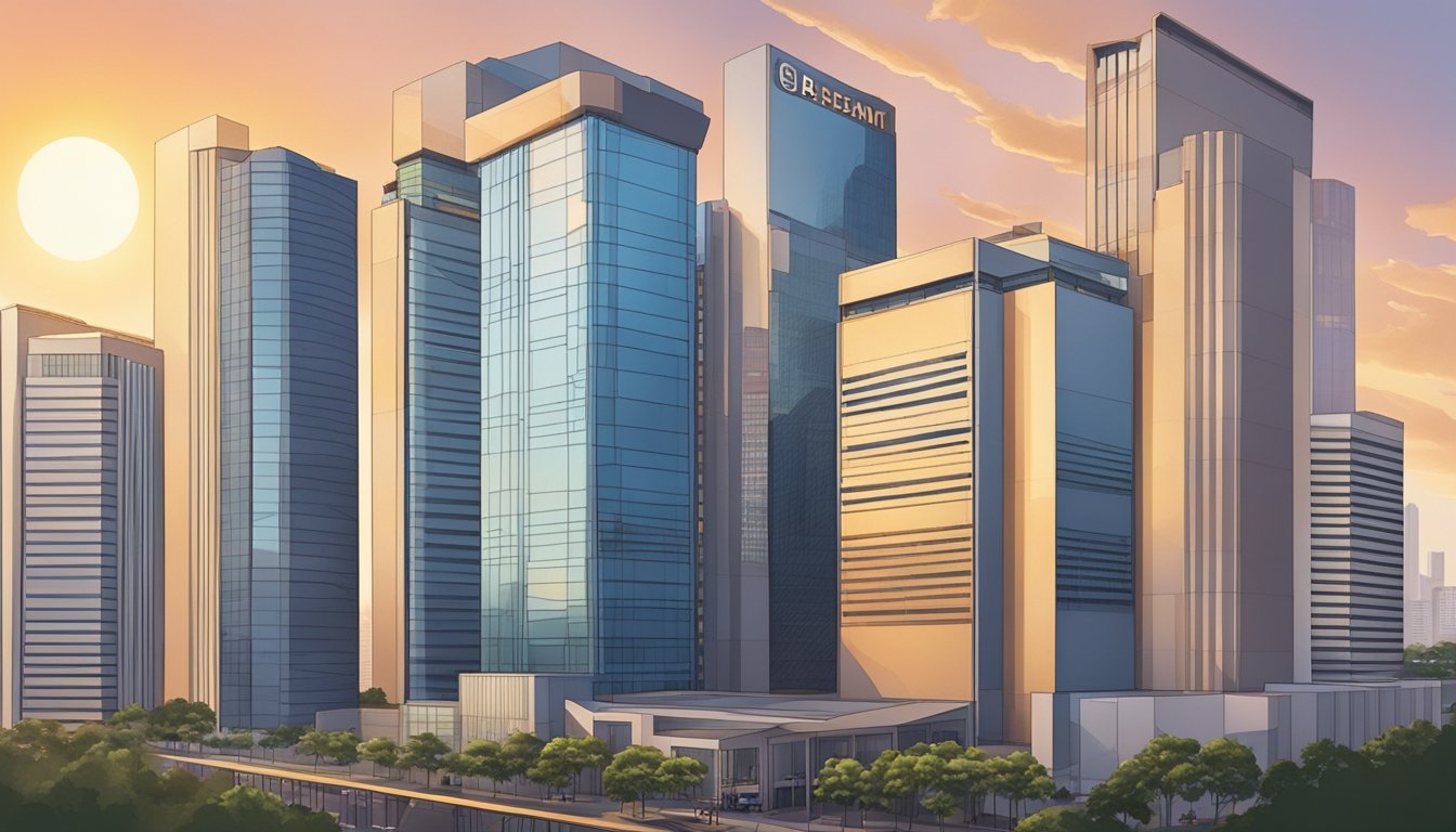 The Far Eastern Bank building in Singapore stands tall against the city skyline, with its modern architecture and sleek design. The sun sets behind the building, casting a warm glow over the bustling city streets below