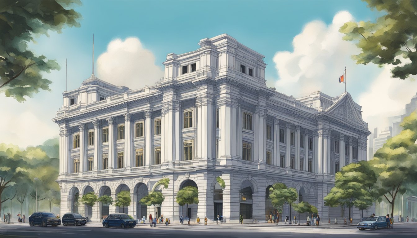 The far eastern bank building in Singapore stands tall, symbolizing the city's historical significance. The intricate architecture and grandeur of the building reflect the rich heritage of the area