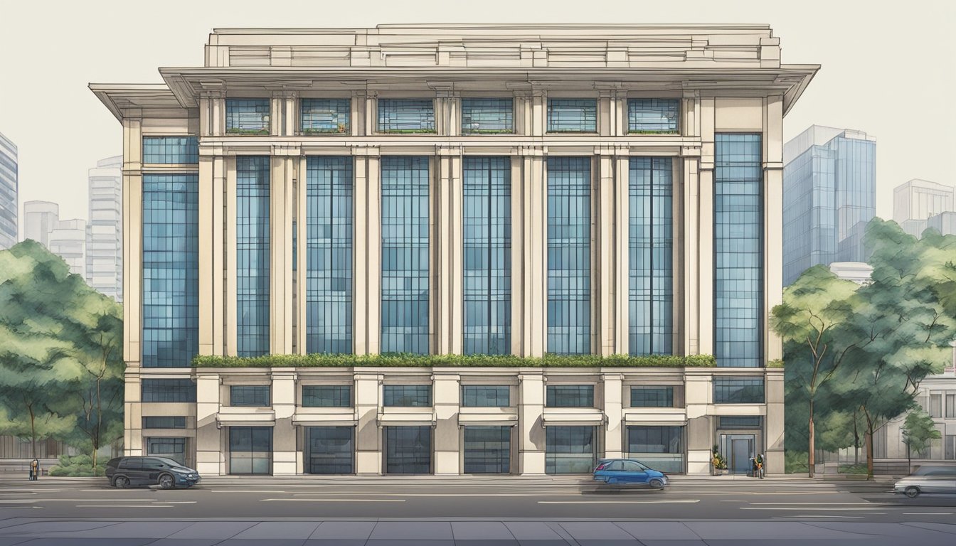 The Far Eastern Bank building in Singapore is easily accessible, with a grand entrance and modern architectural design