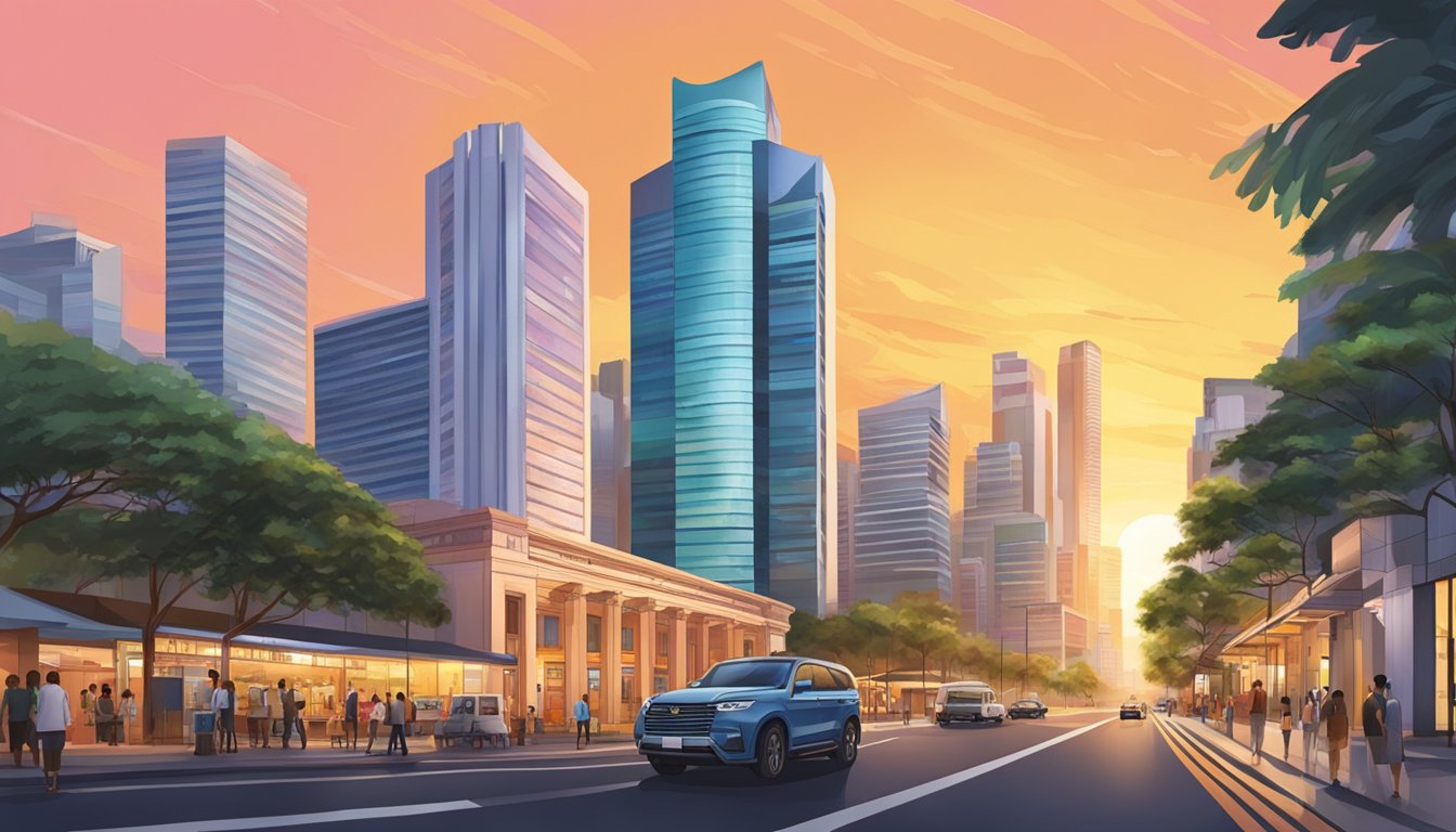 The sun sets behind the towering Far Eastern Bank Building in Singapore's vibrant neighborhood. The modern architecture stands out against the colorful backdrop of shops and bustling streets