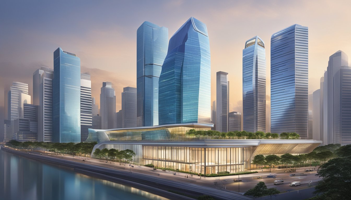 The futuristic Far Eastern Bank Building in Singapore, towering over the city skyline with sleek, glass exteriors and cutting-edge architectural design