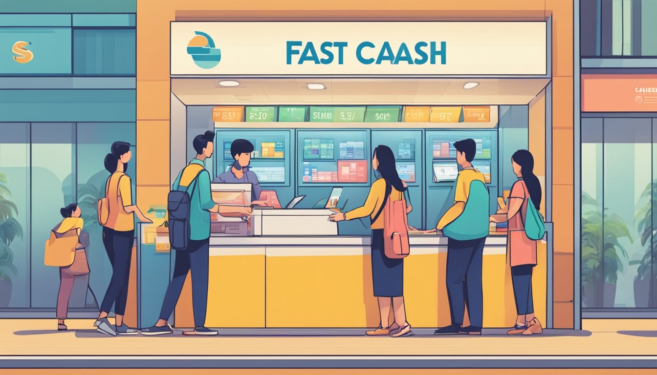People lining up at a fast cash Singapore storefront, exchanging money with a teller behind a counter. A bright sign advertises quick financial services