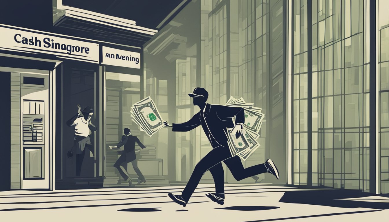 A person running away from a shadowy figure holding a wad of cash, with a sign in the background that says "Avoid Unlicensed Moneylending - Fast Cash Singapore."