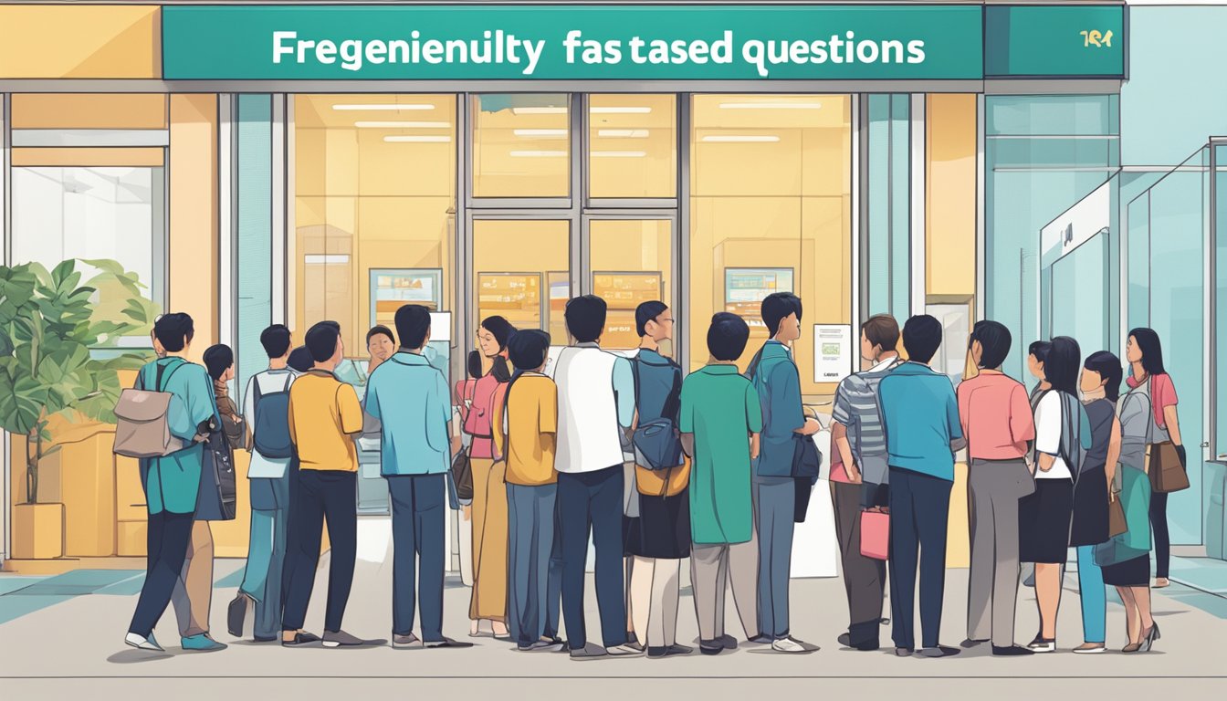 People lining up at a fast cash Singapore office, with a sign displaying "Frequently Asked Questions" prominently