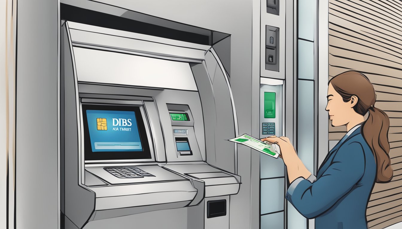 A person inserting a card into an ATM with the DBS logo, while a digital screen displays "Maximising ATM and Payment Services fast cash."