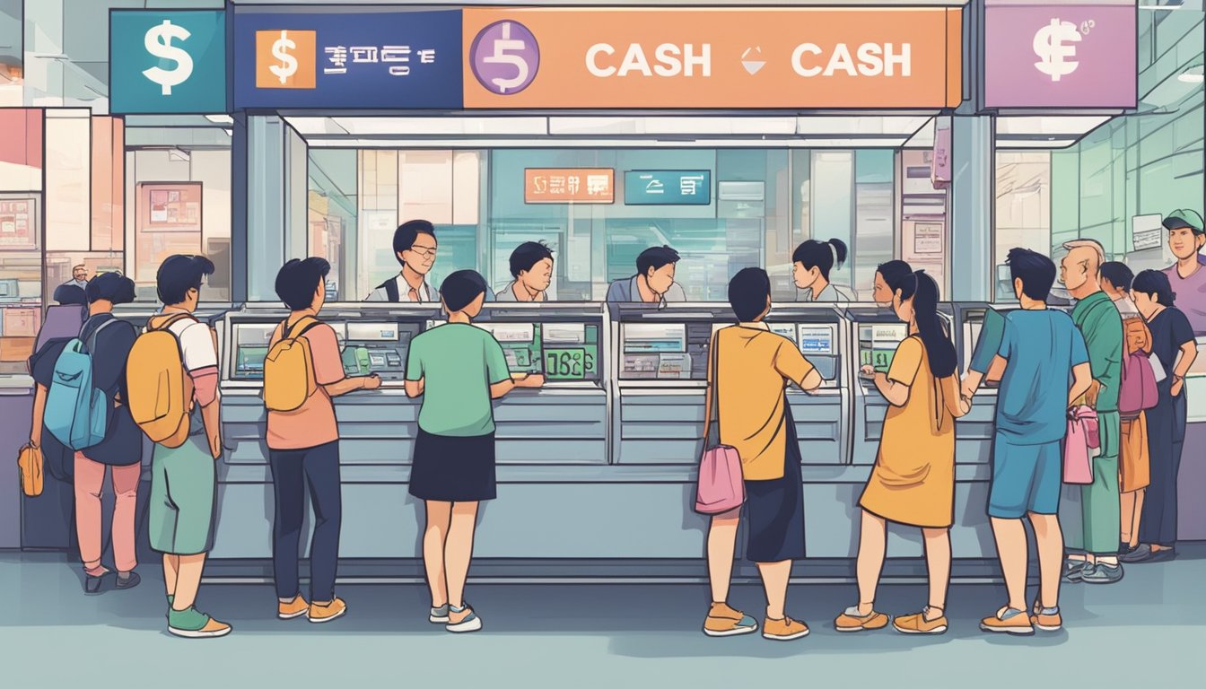 Foreigners exchanging currency at a bustling Singapore money changer. Brightly lit signs advertise "Fast Cash" as people line up at the counter