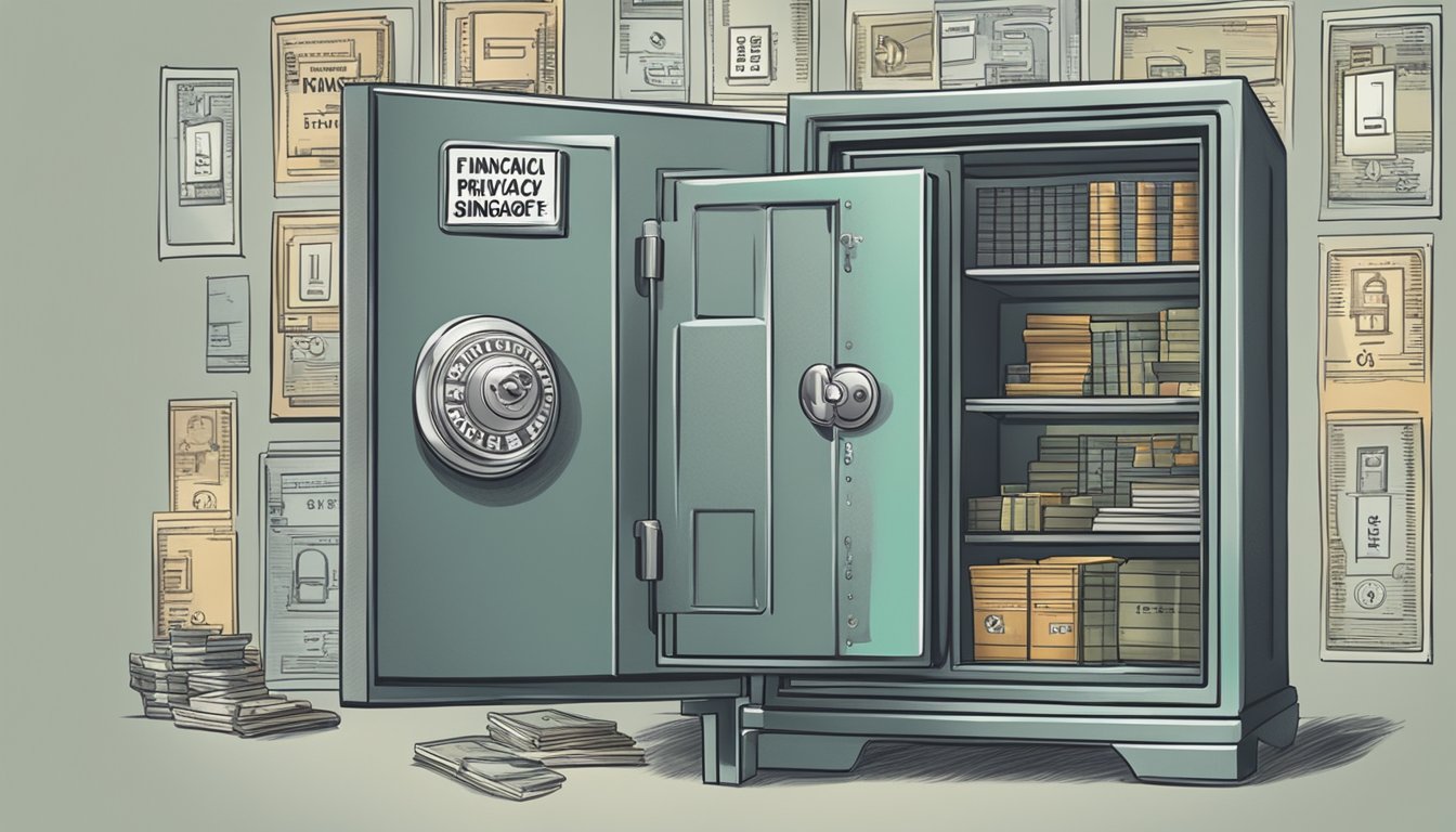 A locked safe surrounded by a shield with the words "Financial Privacy" and "Fast Money Singapore" displayed prominently