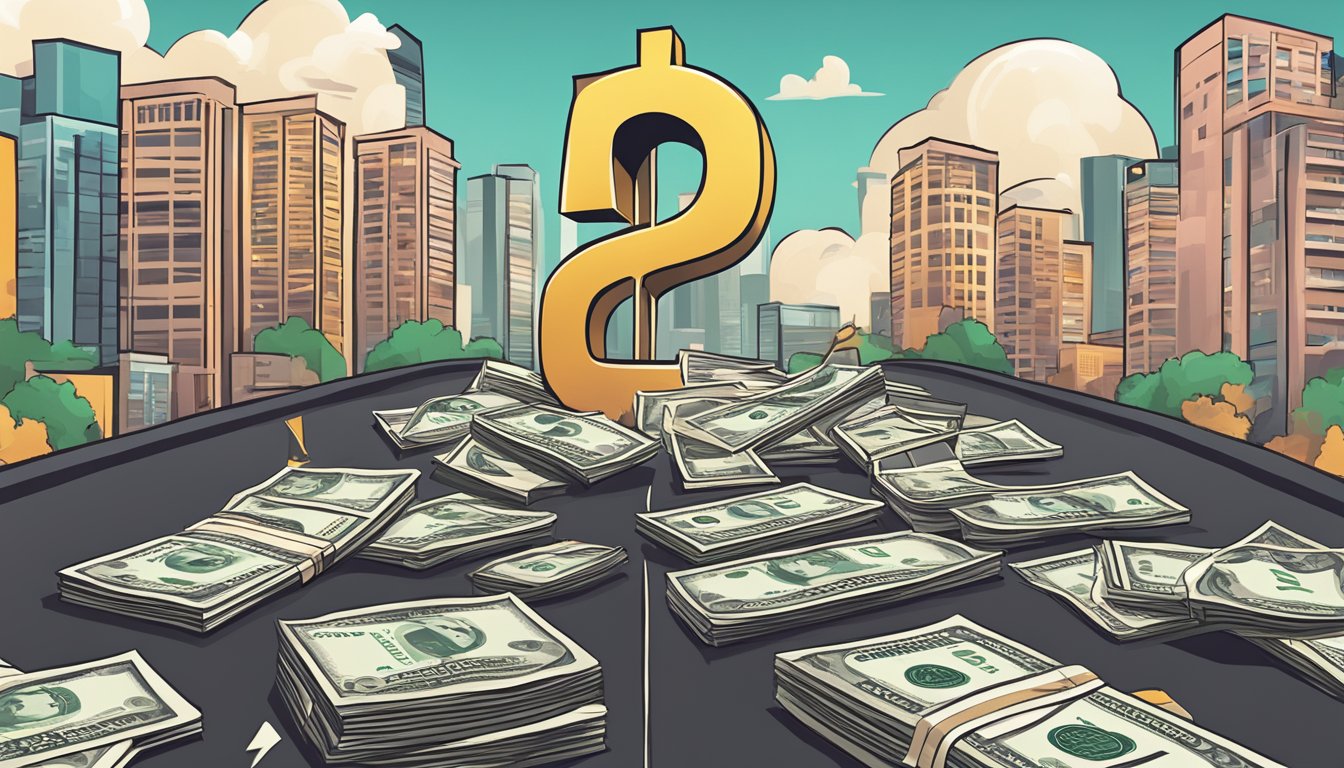 A stack of cash and a question mark symbol on a fast-paced city backdrop