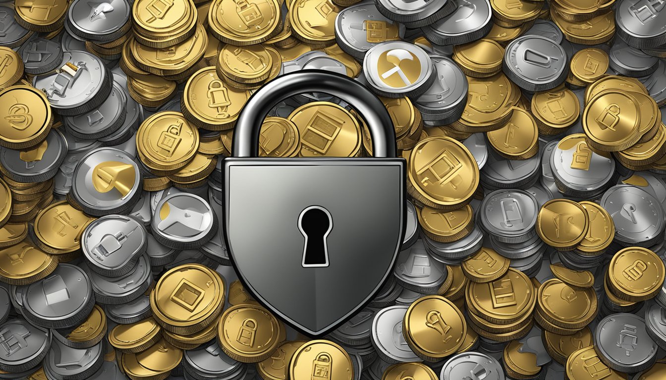 A locked padlock with a shield symbol, surrounded by a wall of coins, representing privacy and security in fast money transactions in Singapore