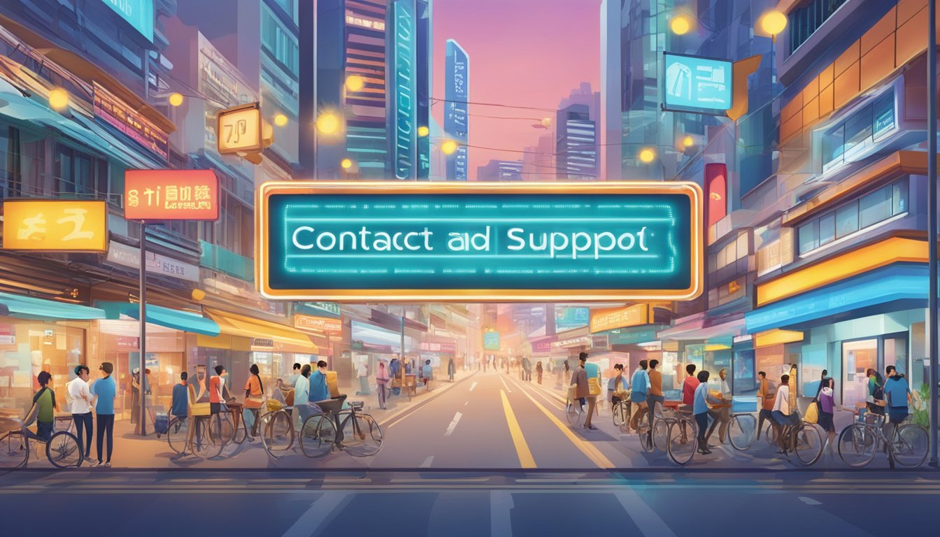 A brightly lit signboard with "Contact and Support Information" displayed, surrounded by bold and colorful graphics, set against a backdrop of the bustling streets of Tampines, Singapore