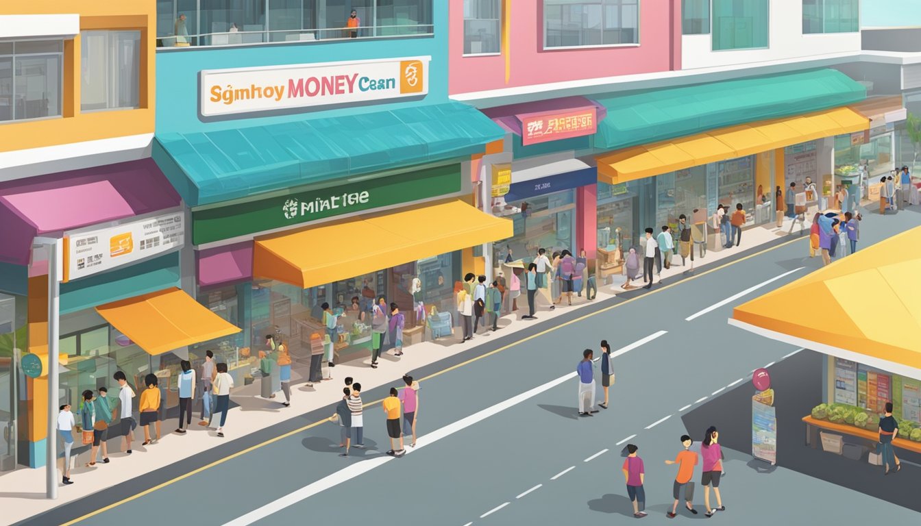 A bustling street in Tampines, Singapore with people lining up at a Fast Money center, signboard prominently displayed