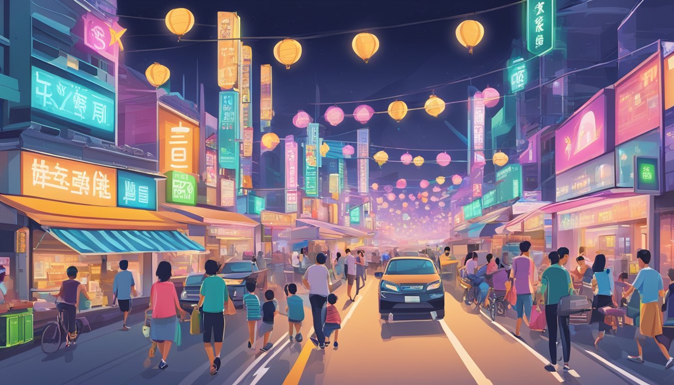 A bustling street in Yishun, Singapore with neon signs, busy traffic, and people rushing to and from the various money exchange and remittance centers