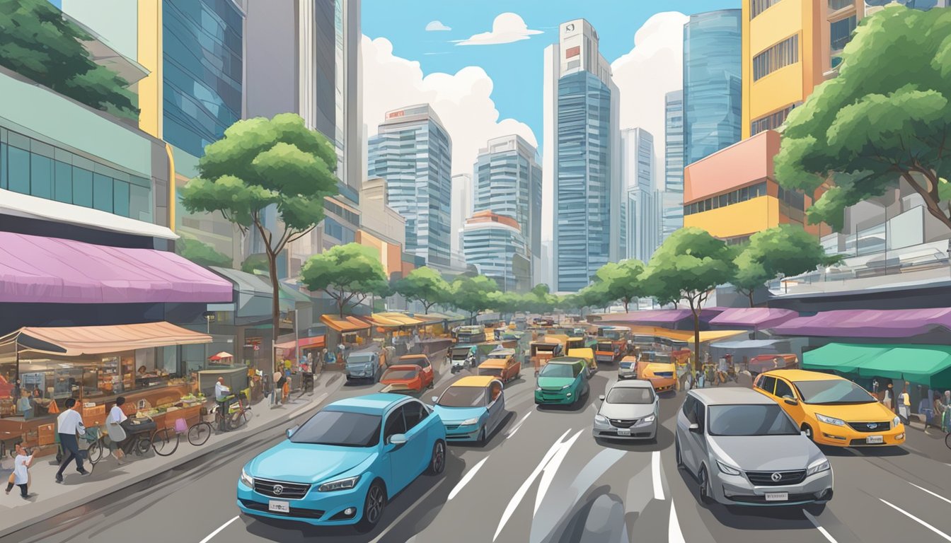 Busy streets of Singapore, with cars and people rushing to work, tall buildings and bustling markets