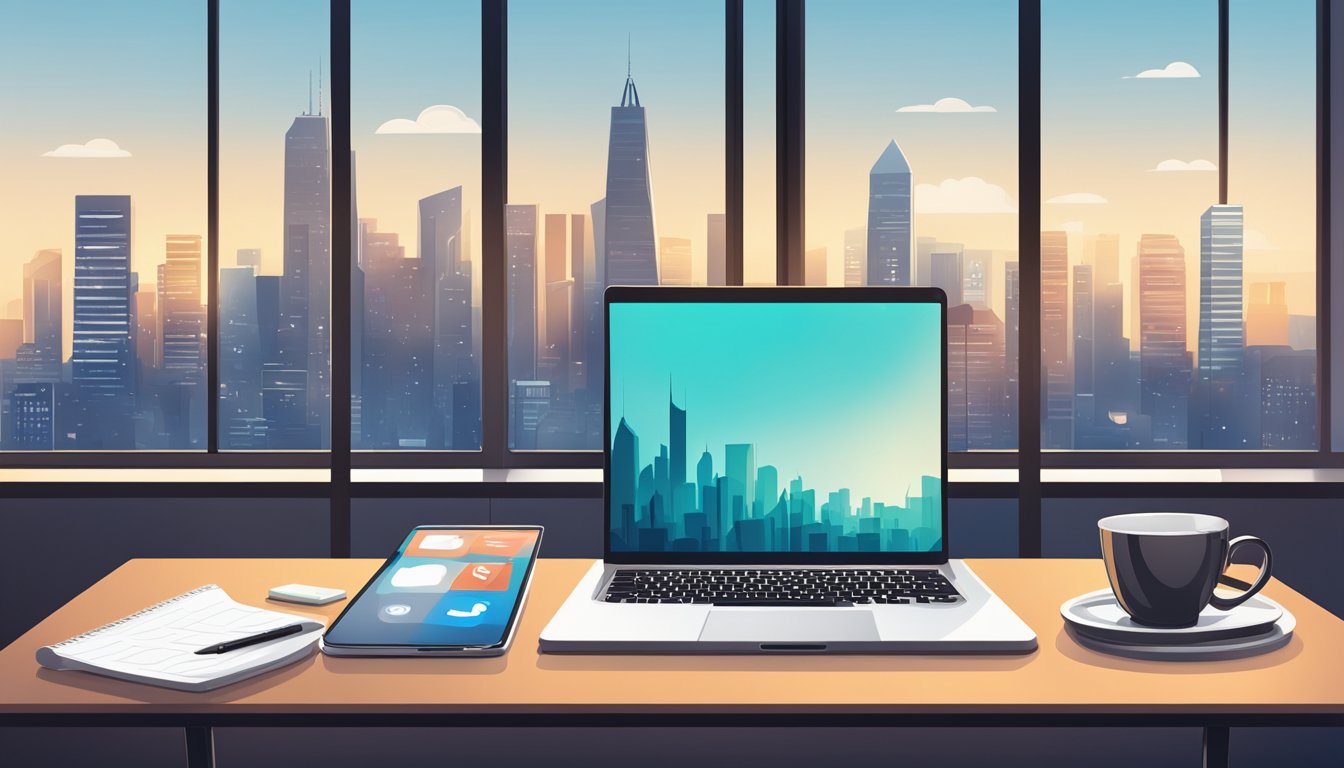 A laptop and smartphone sit on a desk, with social media icons and blogging platforms visible on the screens. The room is bright and modern, with a city skyline visible through the window