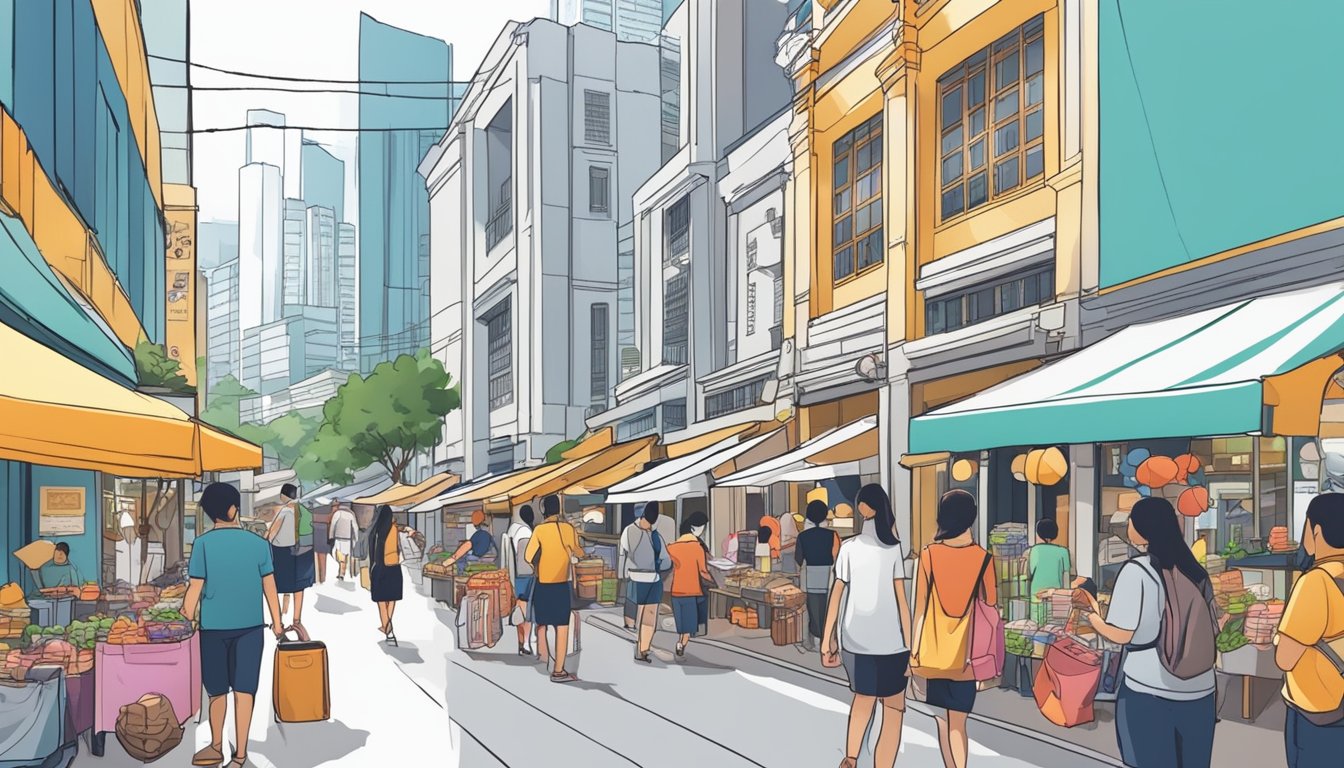 A bustling Singapore street with people engaged in various side hustles and passive income activities, such as selling goods or offering services
