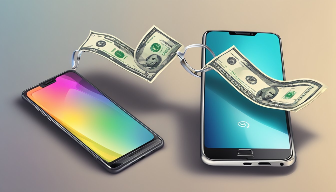 A smartphone with the FAST logo transferring money to another smartphone