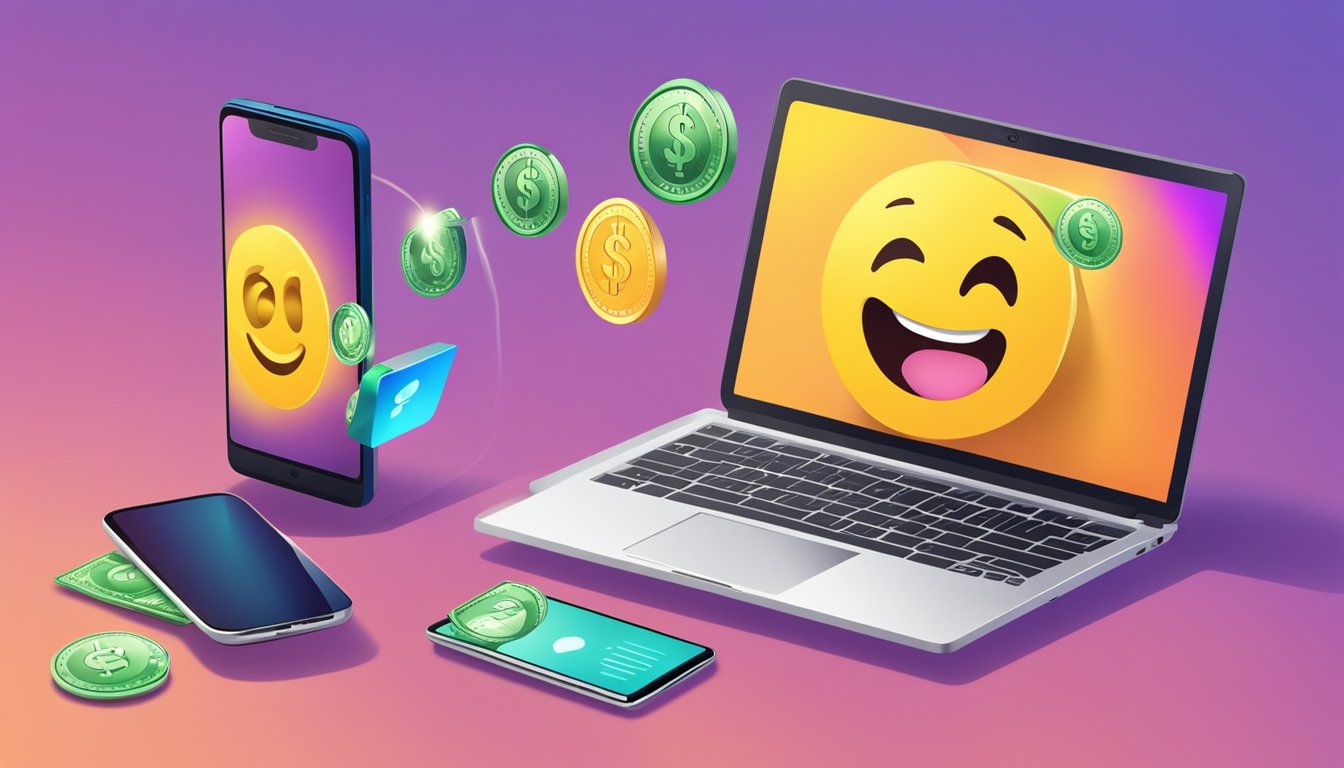 A laptop connected to a smartphone, transferring money with FAST. The screen shows a successful transaction, with a smiling emoji
