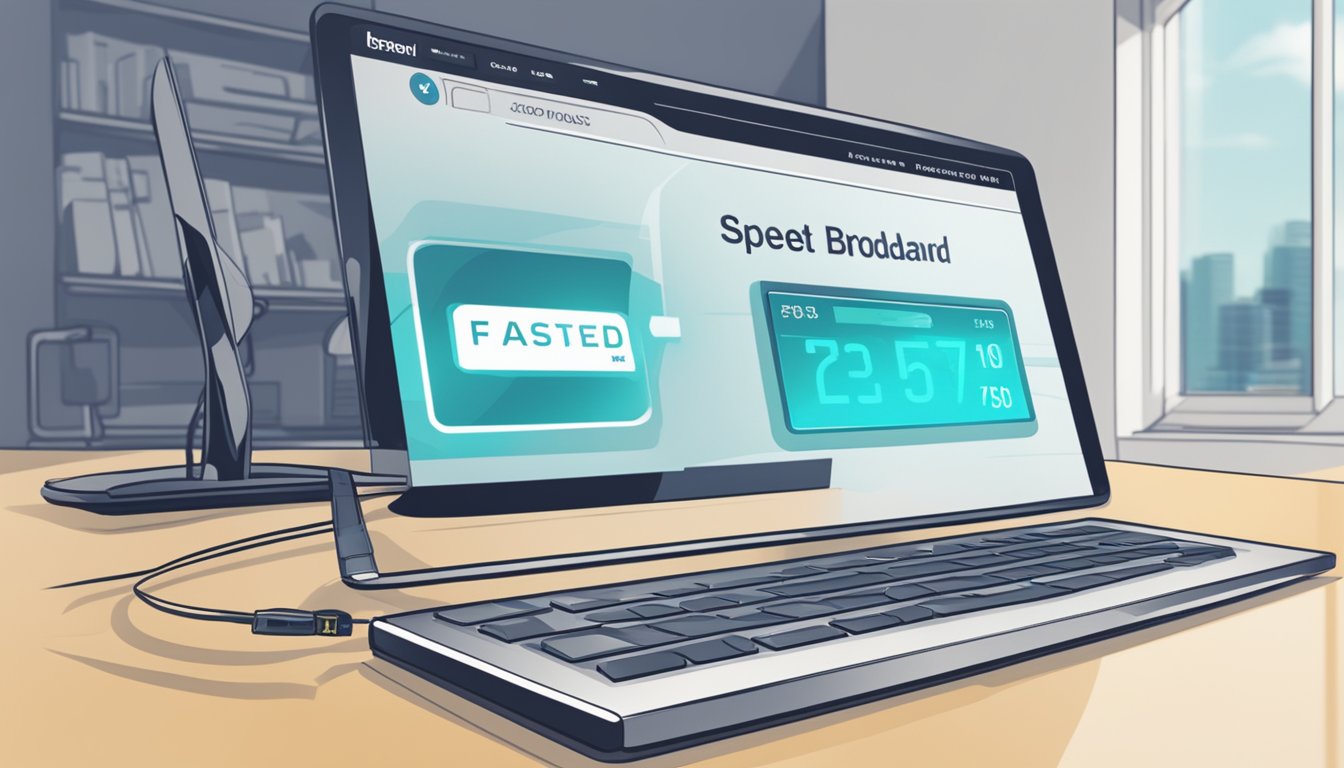 A computer screen displaying a speed test result with "Fastest Broadband in Singapore" highlighted, while a network router and cables are visible in the background