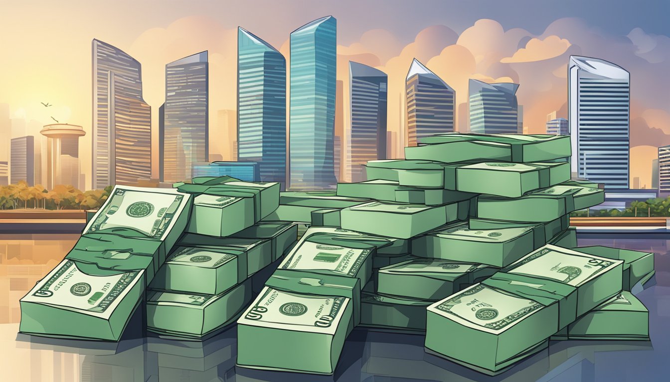 A stack of money grows larger against a backdrop of the Singaporean skyline, symbolizing the fastsaver interest rate benefits and features