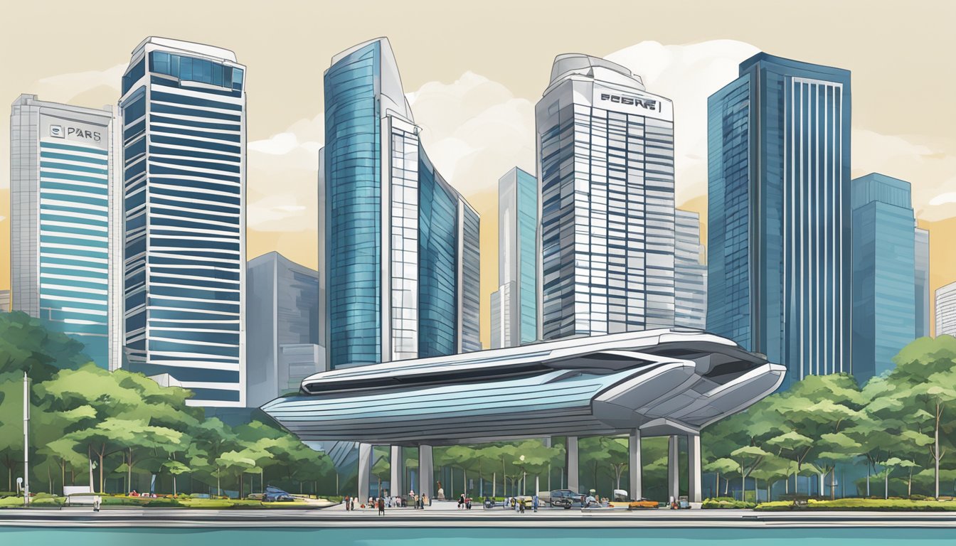 The iconic FEB building in Singapore stands tall against a backdrop of modern skyscrapers, its sleek and futuristic design capturing the attention of passersby