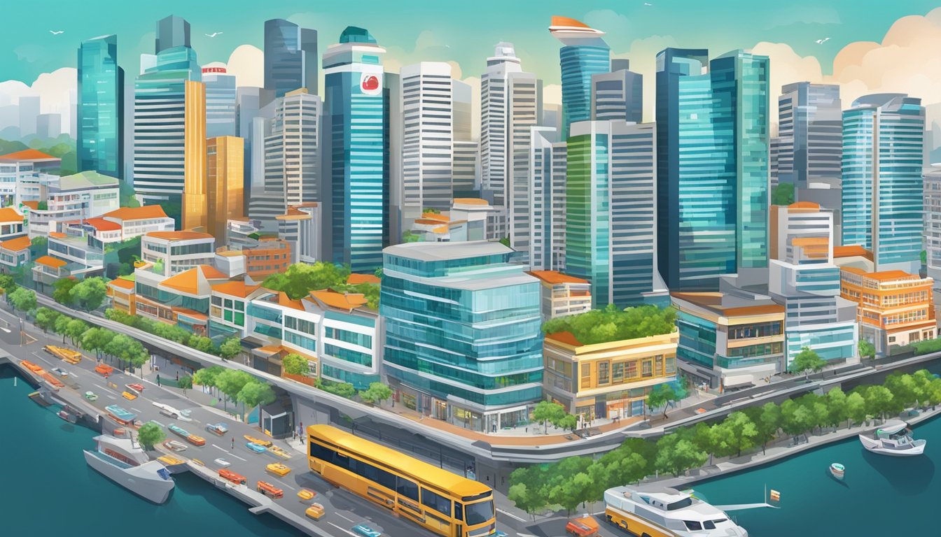 A bustling cityscape with a prominent building in Singapore, surrounded by vibrant commercial activity and signage