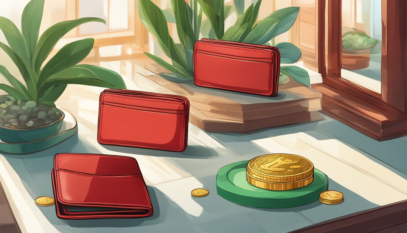 A red wallet sits on a table with a gold coin and a jade plant, surrounded by a mirror and a bamboo fountain