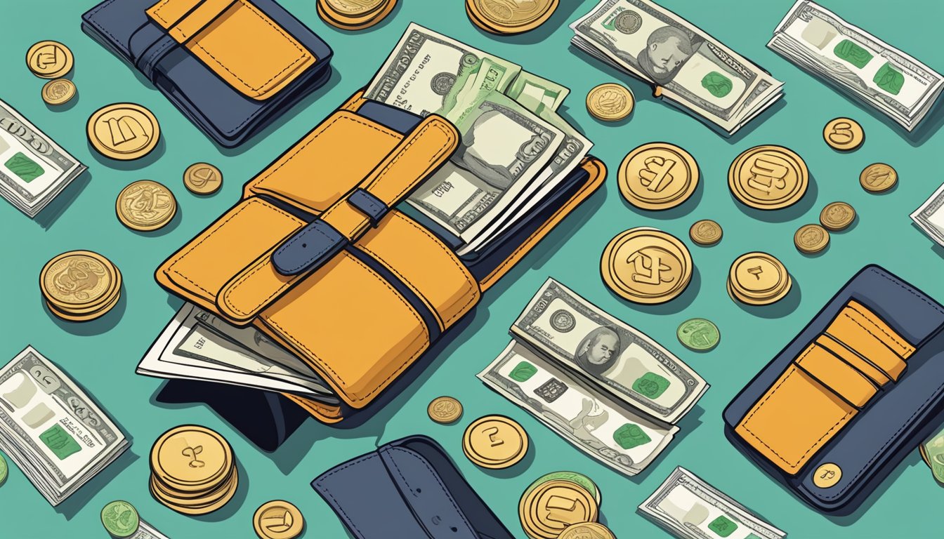 A wallet placed on a clean, clutter-free surface with a few coins and bills peeking out, surrounded by symbols of prosperity and abundance