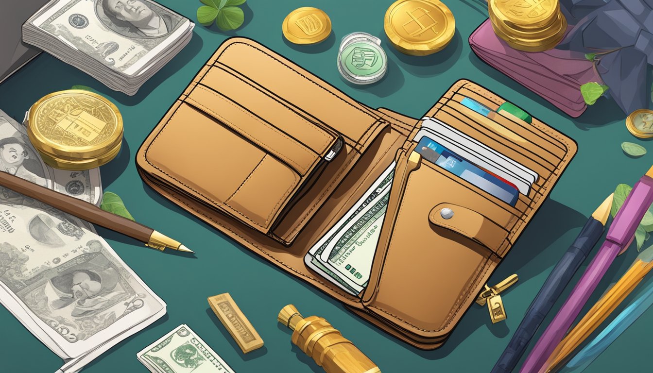 A wallet surrounded by feng shui elements in a Singaporean setting