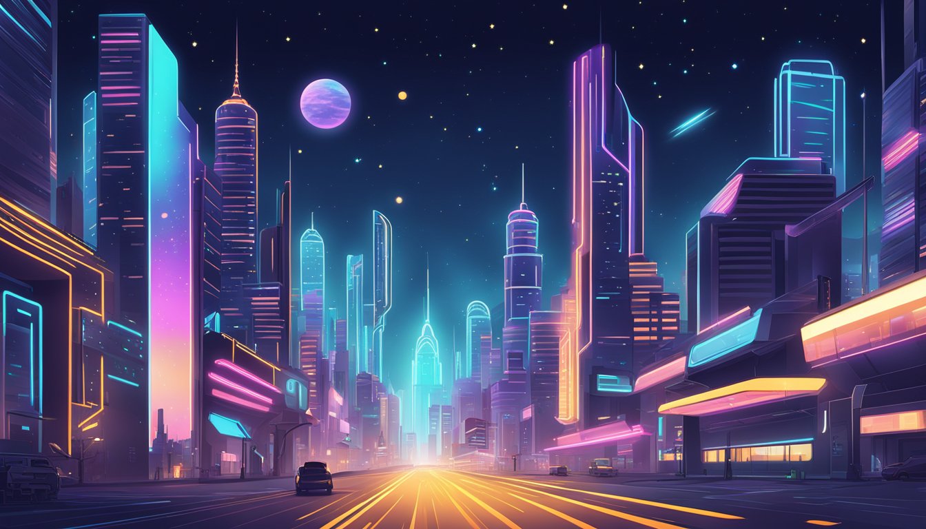 A futuristic cityscape with sleek buildings and glowing neon signs, set against a backdrop of a starry night sky
