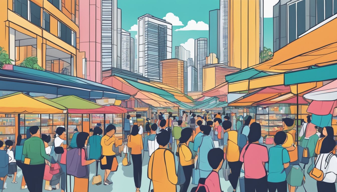 A bustling market with fluctuating graphs and charts, indicating changing trends and interest rates in Singapore