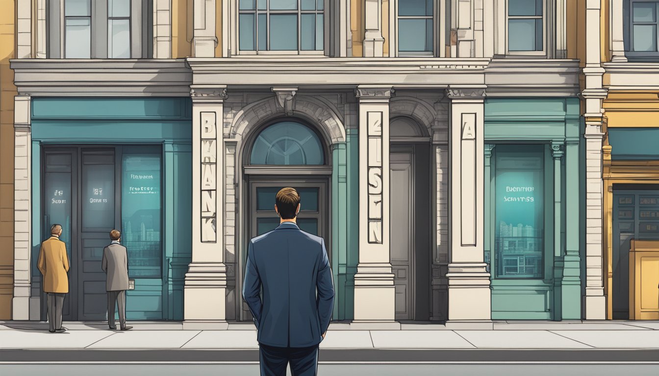 A person standing in front of a row of different bank buildings, pondering loan terms and interest rates