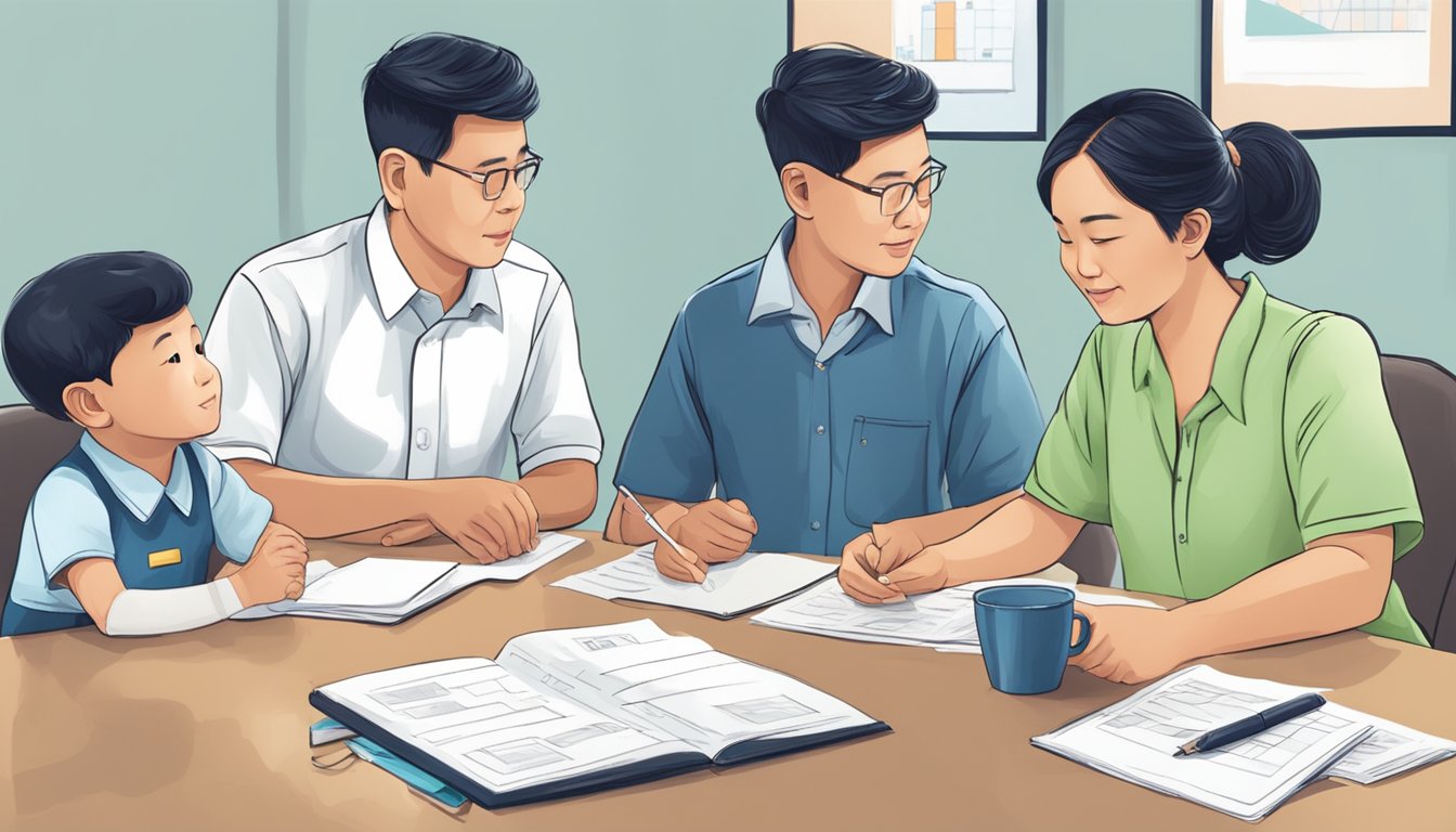 A family receiving financial assistance in Singapore. A government official providing support as they discuss long-term stability and social mobility