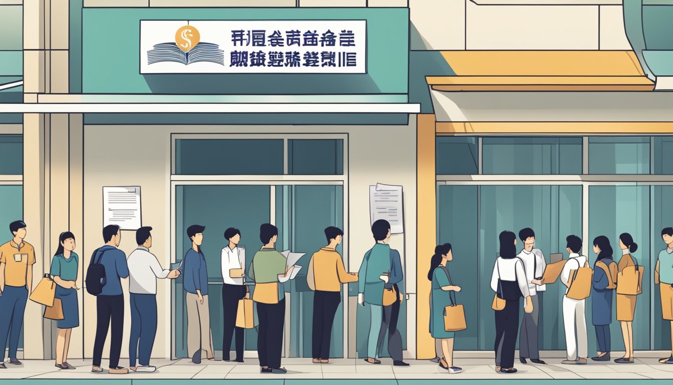 People lining up at a government office, holding documents. Signage reads "Financial Assistance Scheme Singapore." Office staff assist applicants