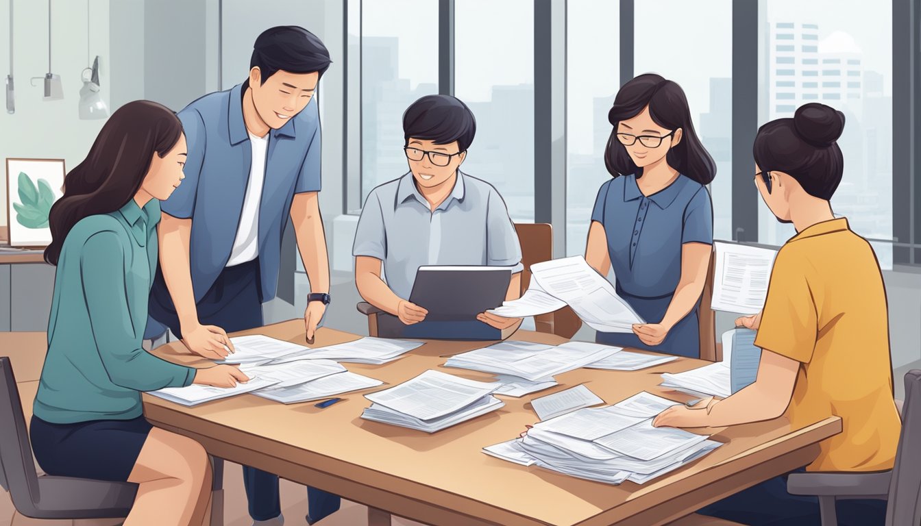 A family receiving financial aid from the Singapore government. Documents and forms on a table, with officials assisting and guiding them through the process