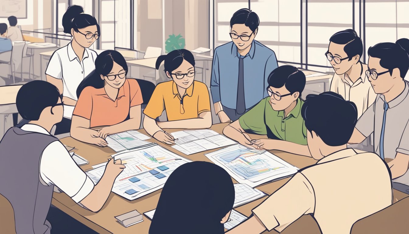 A group of students and teachers gather around a table, discussing financial assistance for independent schools in Singapore. Charts and graphs are displayed, showing the impact of the scheme