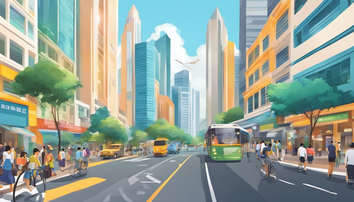 A bustling city street in Singapore with iconic landmarks and vibrant street life