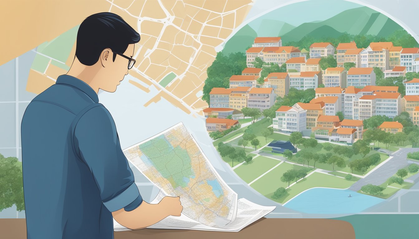A person reading a brochure on housing grants in Singapore, with a map of the country and a list of eligibility criteria in the background