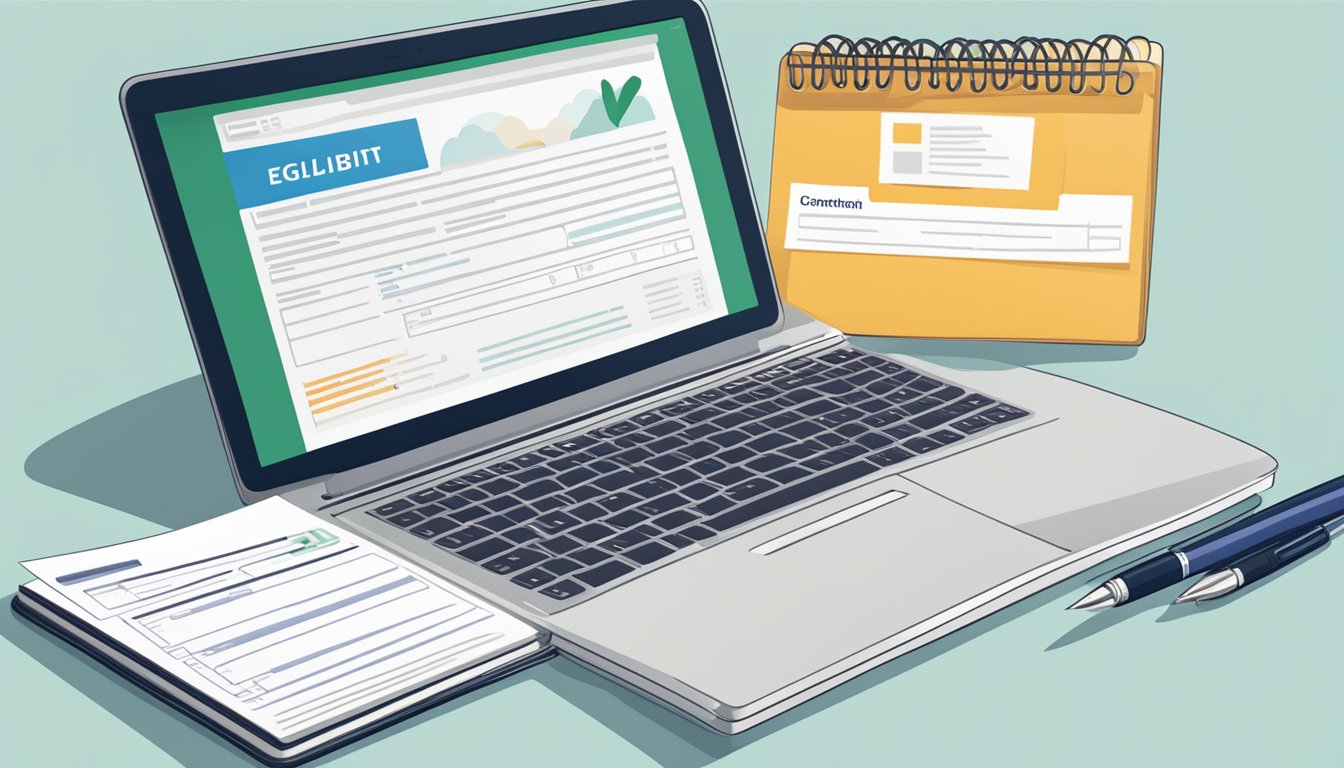 An open laptop displaying grant application form with eligibility criteria listed. A pen and notebook beside it