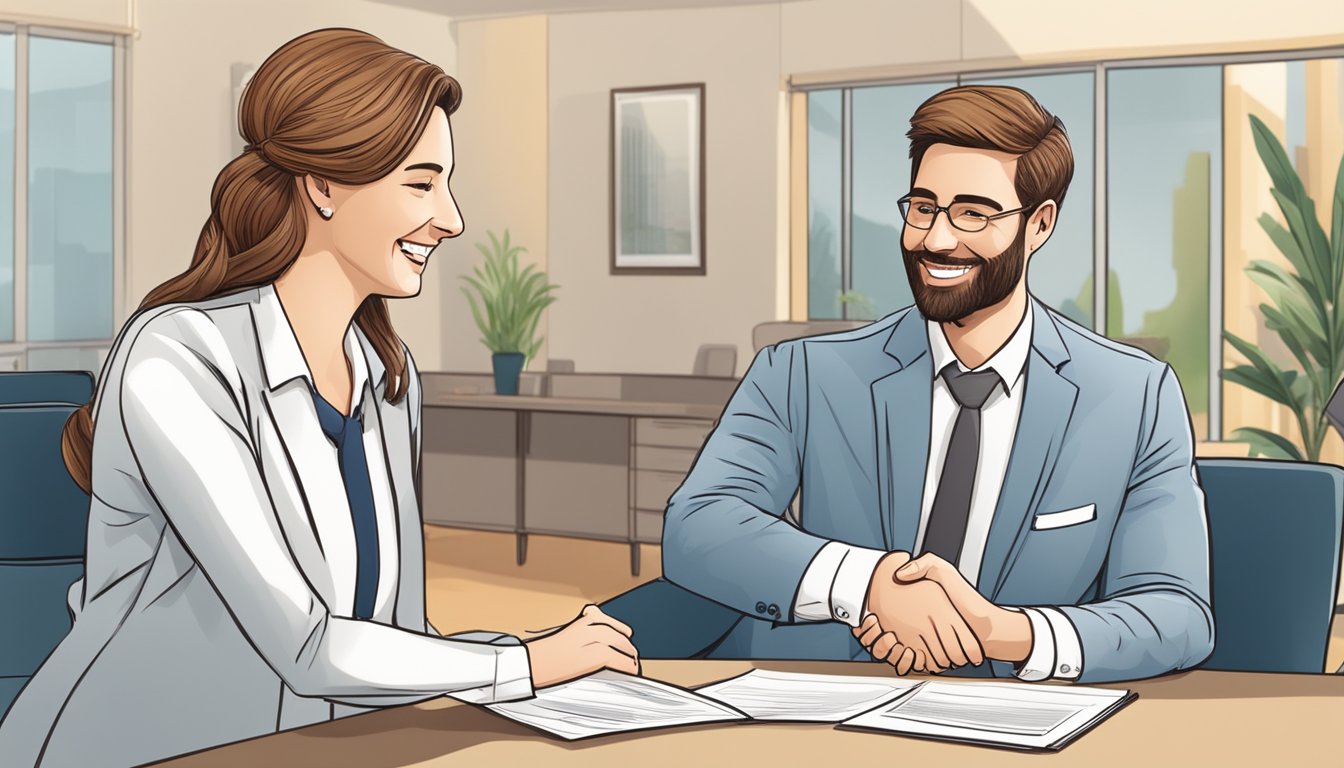 A happy couple receives a grant certificate in a modern government office. The couple is smiling and shaking hands with the representative