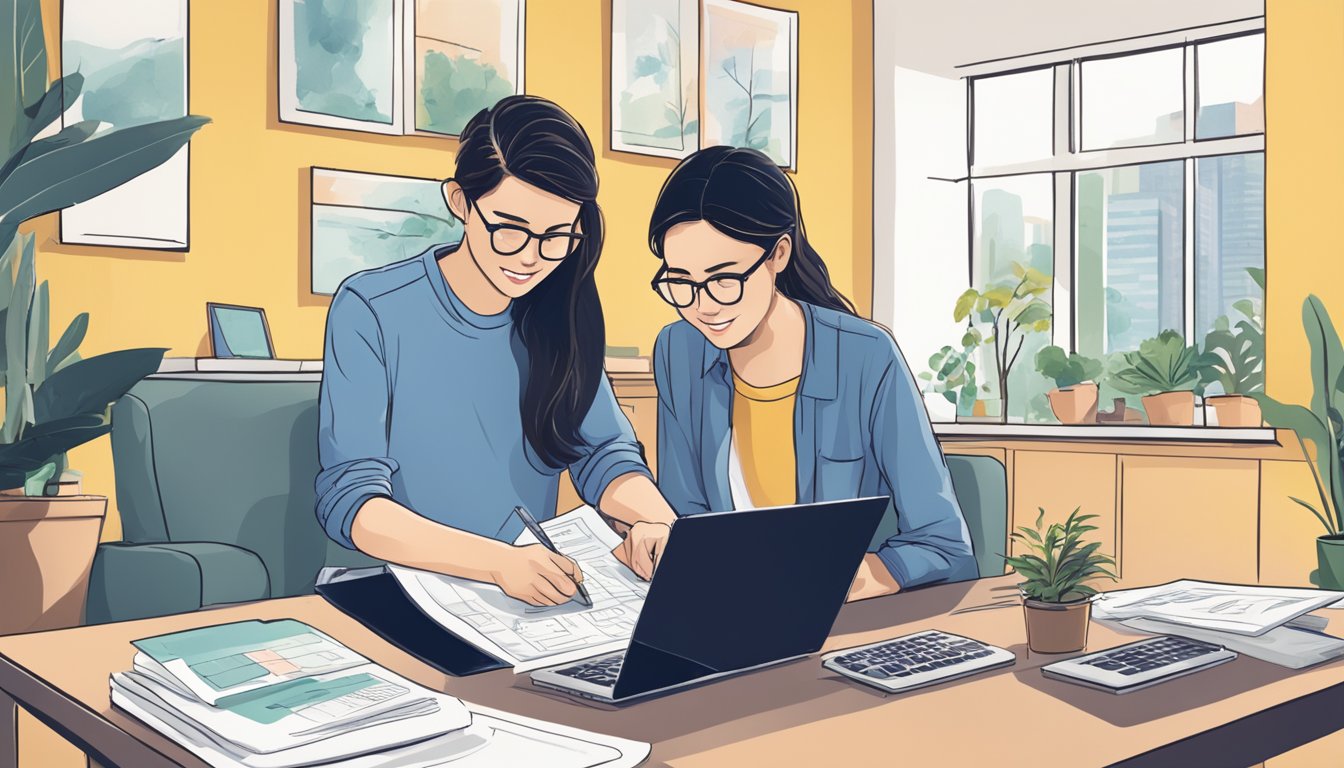 A young couple researching financial planning options for their first home, with a focus on the first timer grant in Singapore