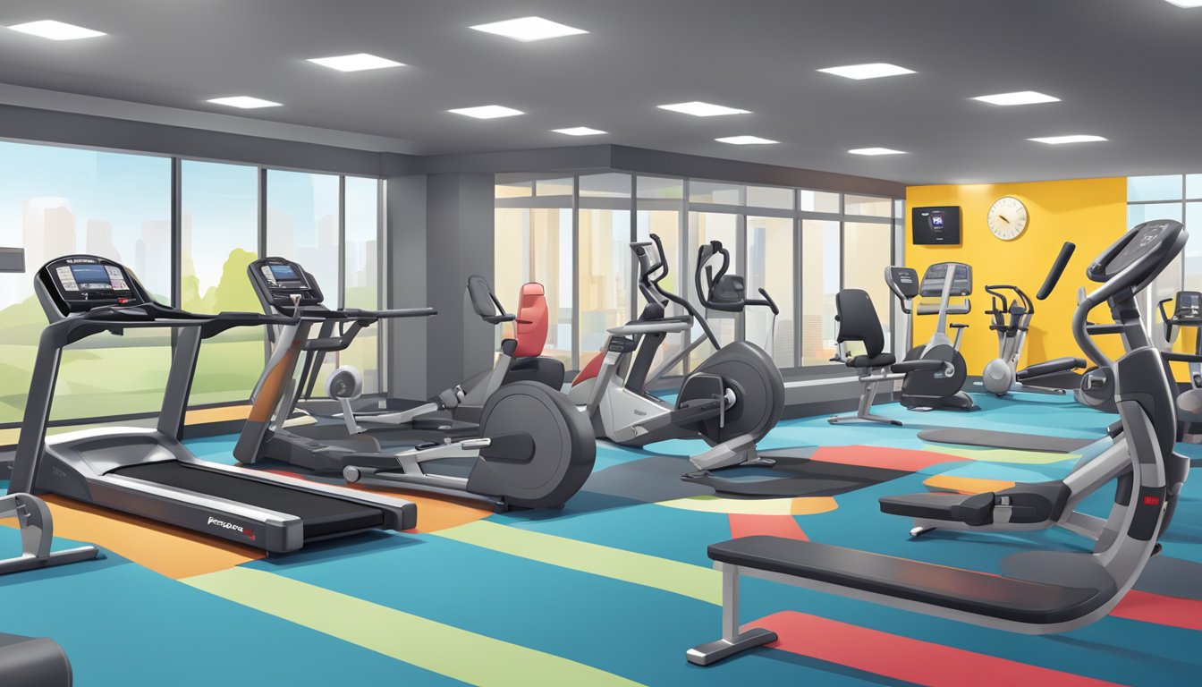 Fitness First and Virgin Active logos displayed above a variety of exercise equipment and class schedules in a modern fitness center