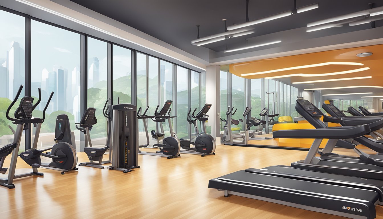 The scene features modern gym equipment, spacious workout areas, and vibrant signage at both Fitness First and Virgin Active in Singapore
