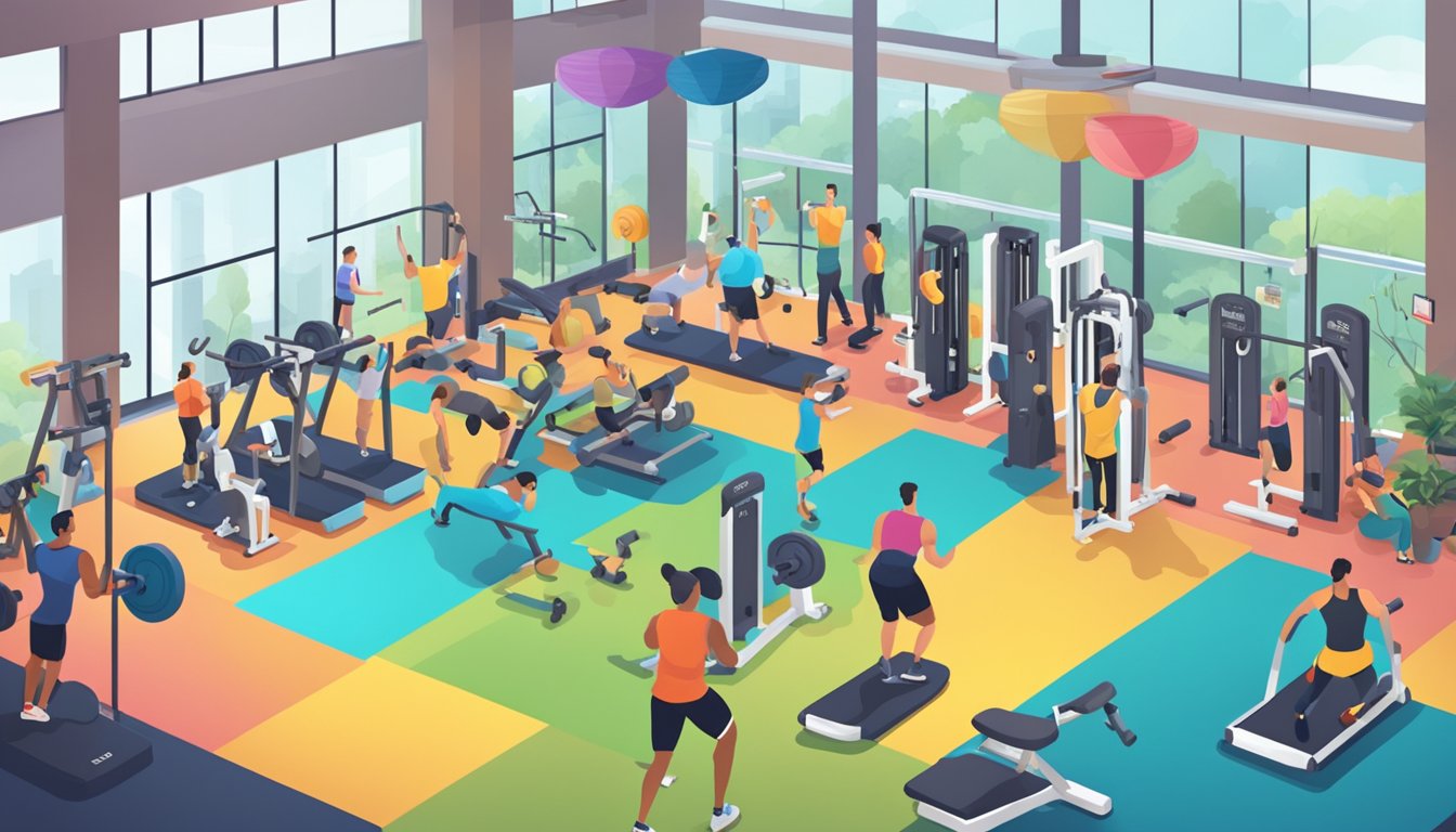 A bustling gym with colorful signage, exercise equipment, and people engaged in various fitness activities