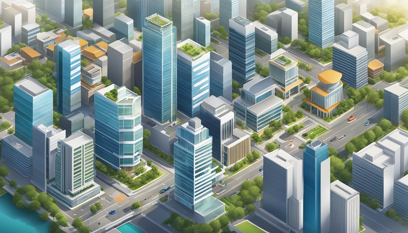 An aerial view of Flexi Biz Singapore, showing modern office buildings and a bustling business district