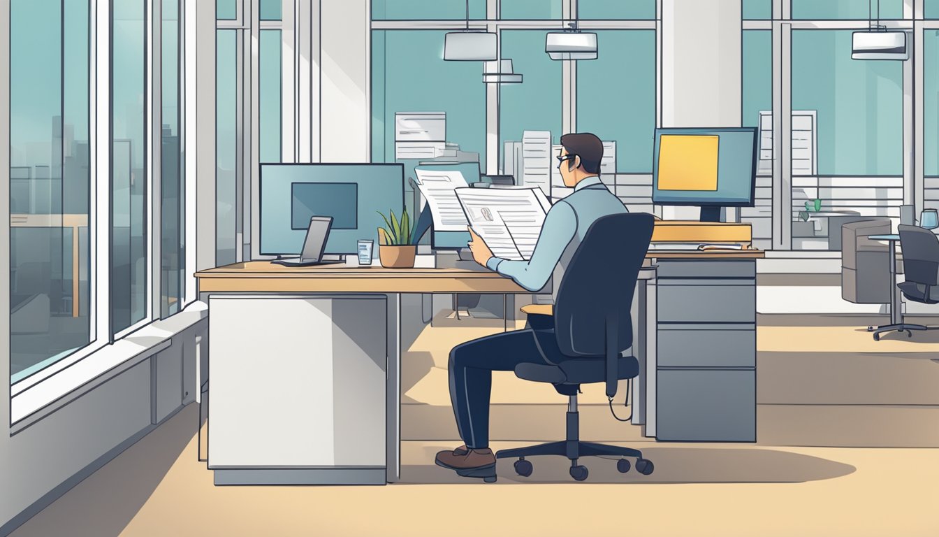 A business owner fills out forms at a desk, with a sign reading "Eligibility and Account Opening Process" in a modern office setting