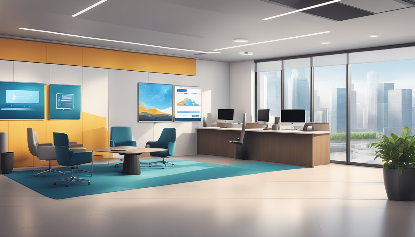 A modern office setting with a sleek, professional atmosphere. A bank logo prominently displayed on the wall, with various banking services and features advertised on digital screens throughout the room