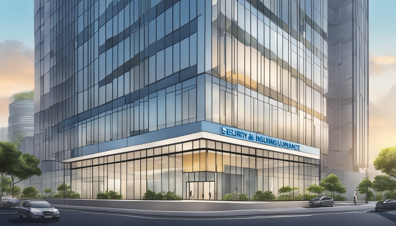 A modern office building with the words "Security and Insurance flexi biz singapore" displayed prominently on the front entrance