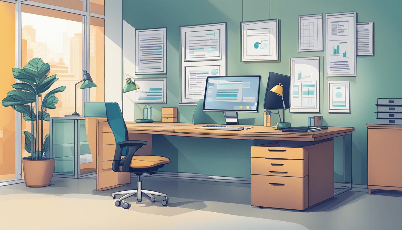 A modern office setting with a desk, computer, and a sign reading "Frequently Asked Questions flexi biz singapore" on the wall