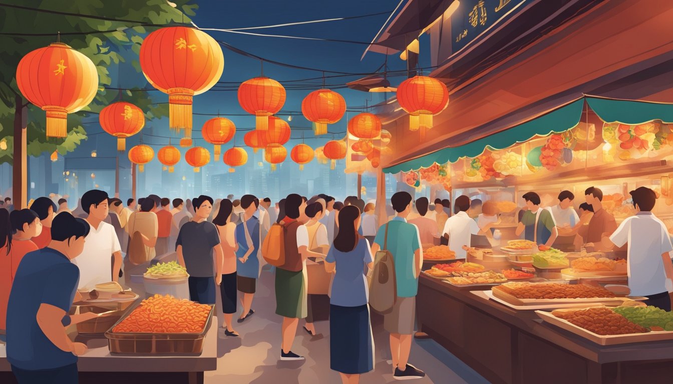 Market stalls line a floating platform, showcasing culinary delights for Chinese New Year in Singapore. The air is filled with the aroma of sizzling dishes and the chatter of excited visitors